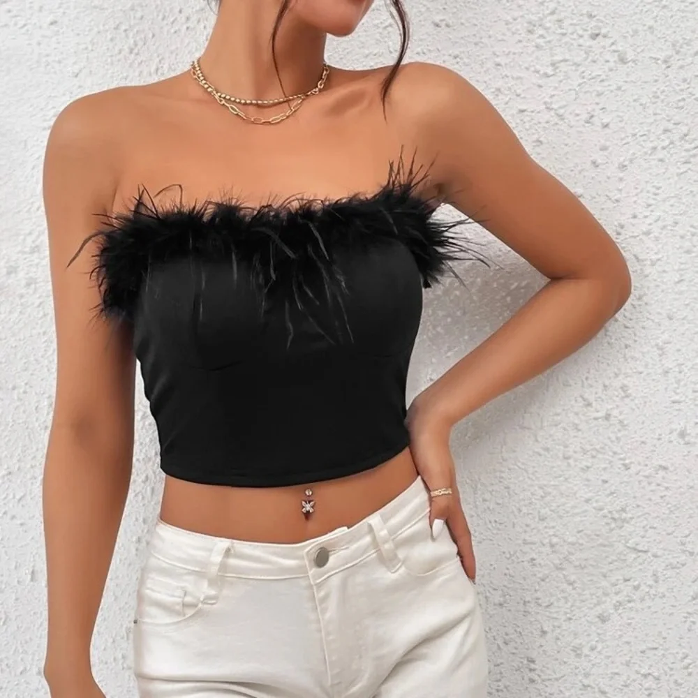 STRAPLESS BLACK  FEATHER TOP - Picture 2 of 4